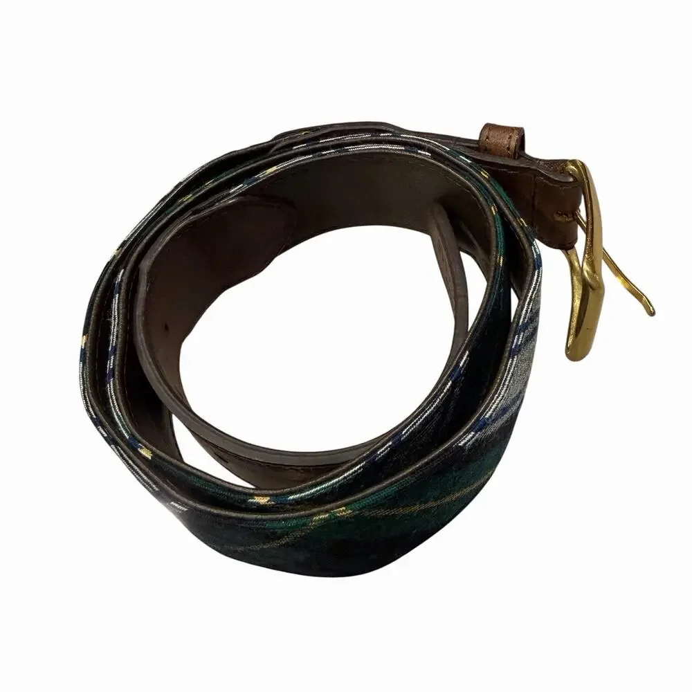 F.H. Wadsworth NYC Brown Leather Brass Belt Wool Tartan Plaid Green Yellow 38